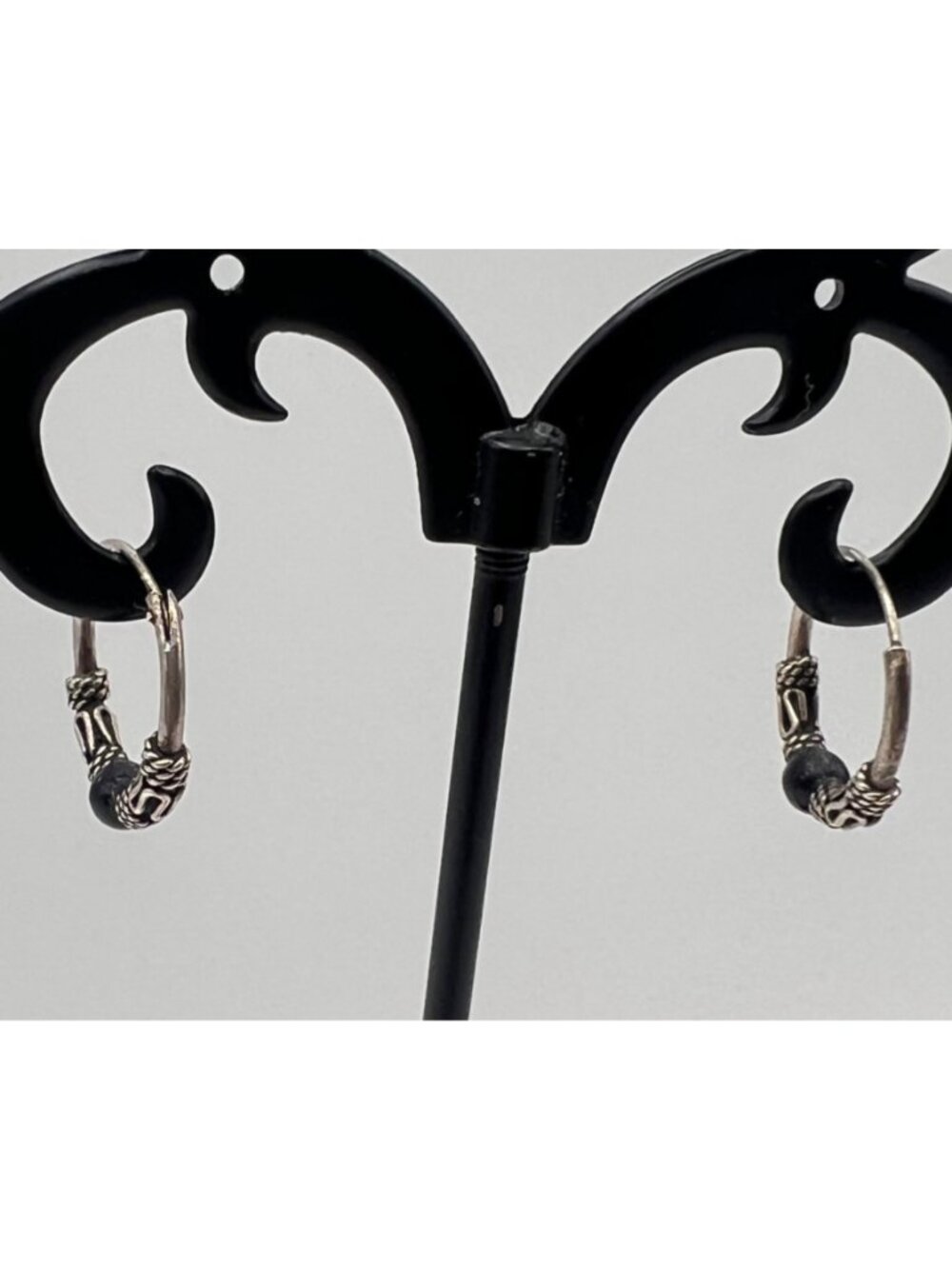 Bali Style Sterling Silver Hoop Earrings Oxidized Black Accent Bead .5" - Picture 8 of 8